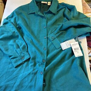 Studio Works Womens Size 3X Green Long Sleeve Button Up Blouse Suede Like Poly